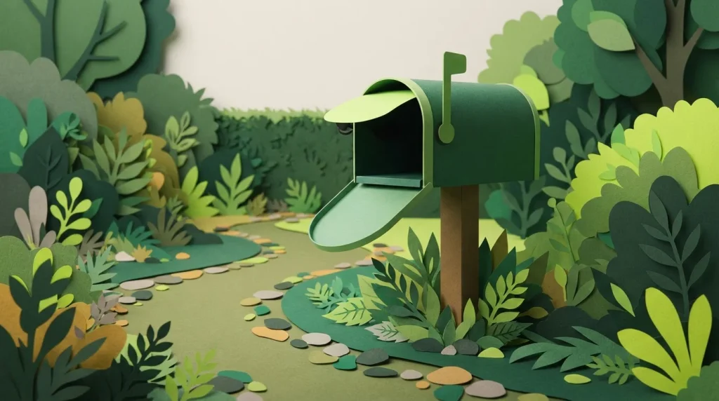 Einzelner Briefkasten mit geöffneter Klappe an einem Gartenweg.