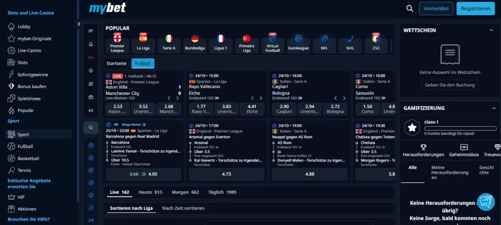 Frühere Fußballansicht von Mybet mit Spielpaarungen und auswählbaren Wettmärkten