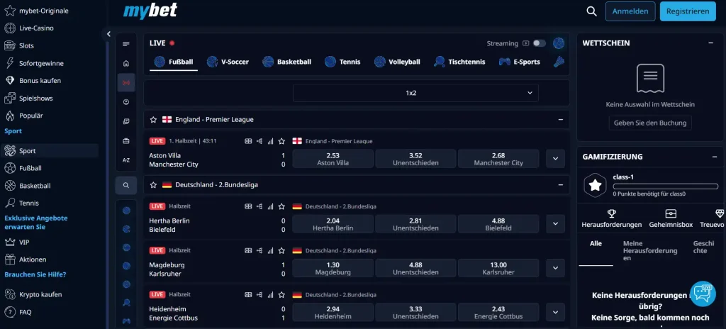 Frühere Live-Ansicht von Mybet mit Spielstand und statistischer Spielübersicht