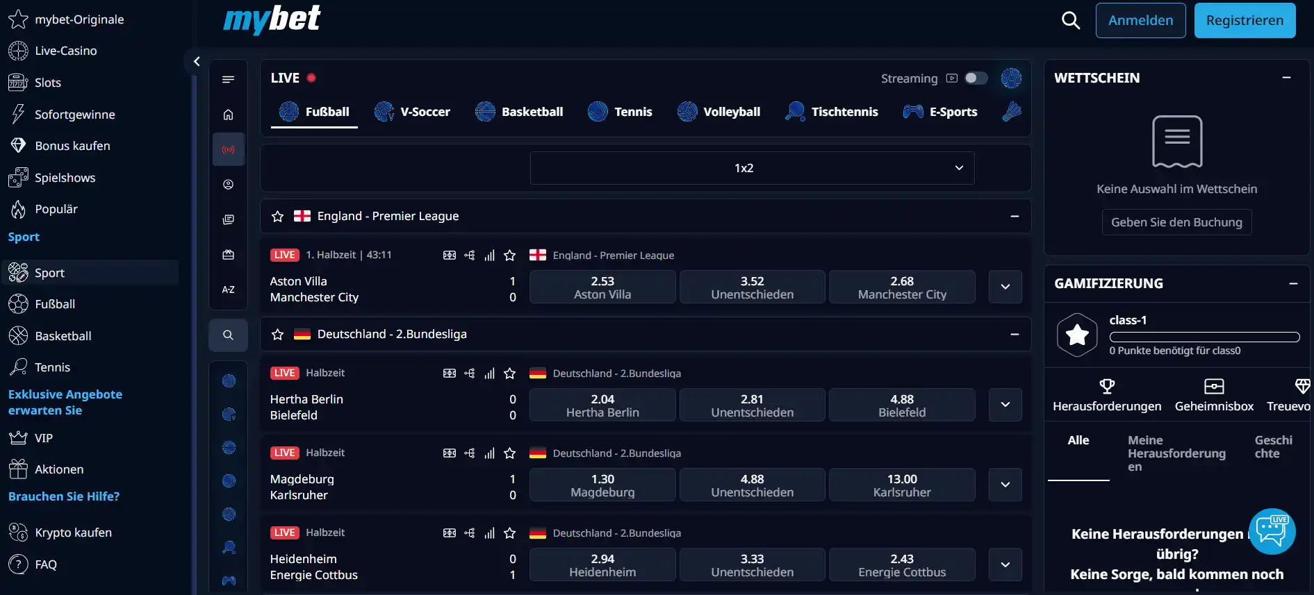 Frühere Live-Ansicht von Mybet mit Spielstand und statistischer Spielübersicht