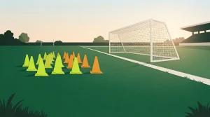Trainingskegel und Netze neben dem Rasen eines Fußballfeldes
